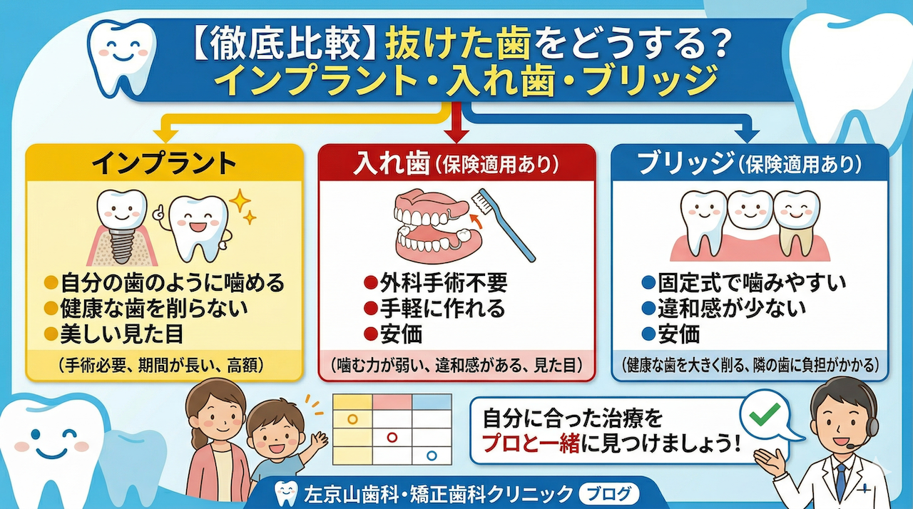 【抜けた歯をどうする？】インプラント・入れ歯・ブリッジの違いと、後悔しないための正しい選び方