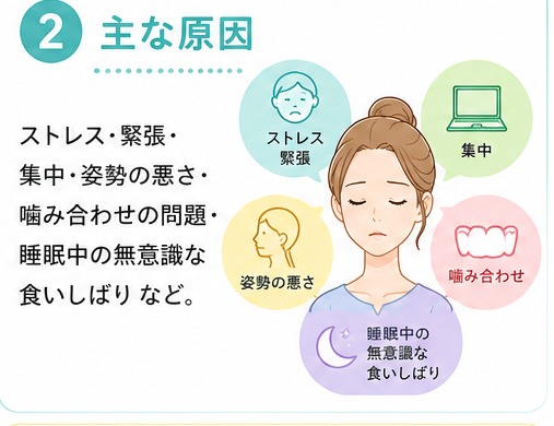 食いしばりの主な原因:ストレス・緊張、集中、姿勢の悪さ、噛み合わせの問題など