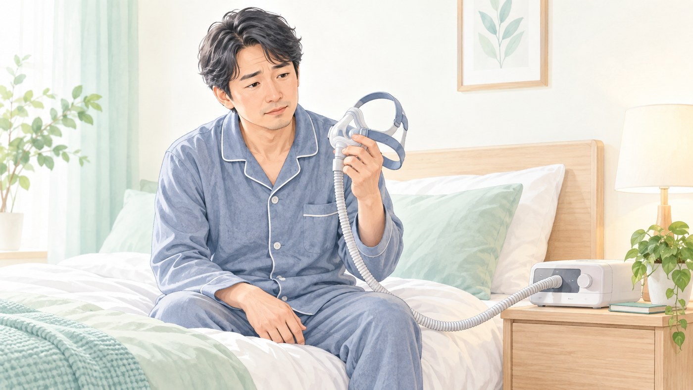 CPAPのマスクを手に悩む男性
