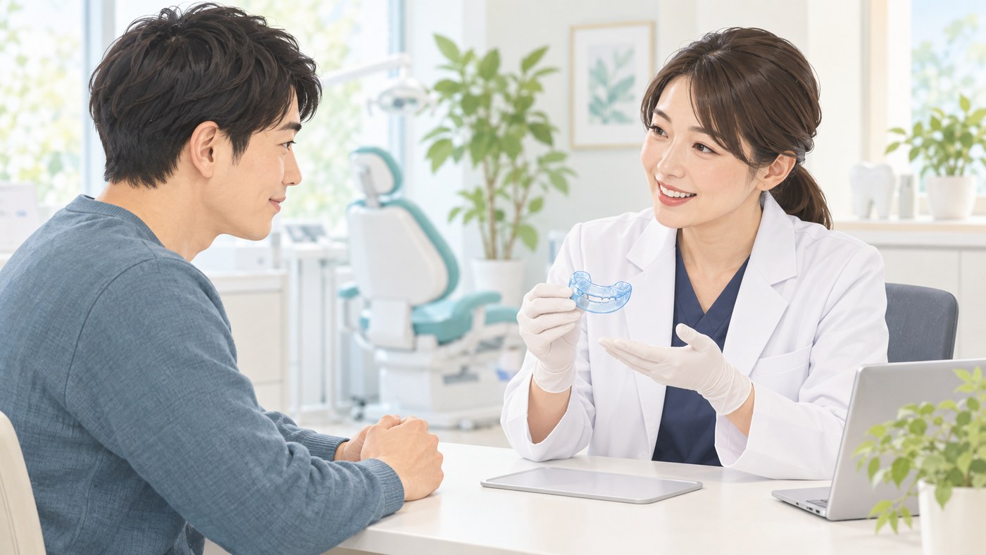 歯科でマウスピースの説明を受ける様子